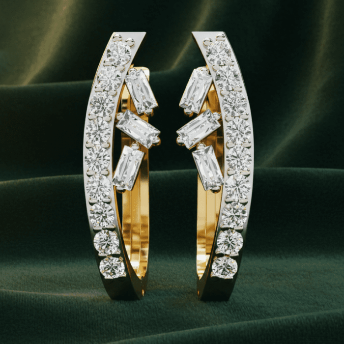 Planet Genesis - Dual Halo Diamond Arc Earrings with round and baguette-cut white diamonds, set in polished metal, on dark green velvet fabric background. - IGI-Certified Lab-Grown Diamonds Planet Genesis - Dual Halo Diamond Arc Earrings with round and baguette-cut white diamonds, set in polished metal, on dark green velvet fabric background. - IGI-Certified Lab-Grown Diamonds