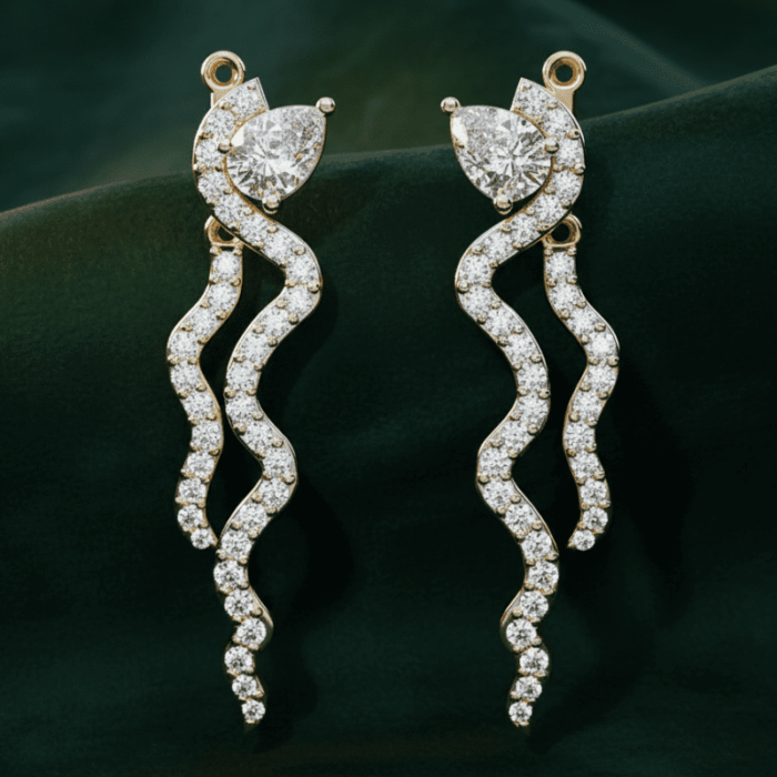 Planet Genesis - Twisting gold and diamond serpent earrings with pear-shaped and small diamonds on dark green background, elegant premium jewelry design. - IGI-Certified Lab-Grown Diamonds