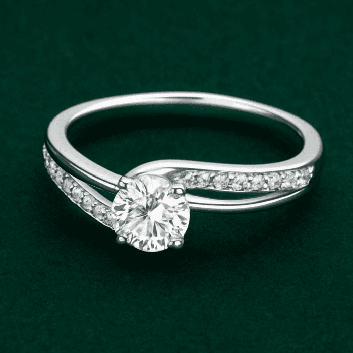 Planet Genesis - Diamond Solstice Halo Ring in white gold with round solitaire center diamond and pavé band, displayed on dark green textured background. - IGI-Certified Lab-Grown Diamonds
