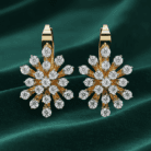 Planet Genesis - Gold snowflake earrings with multiple white diamonds, premium design, displayed on dark green velvet background. - IGI-Certified Lab-Grown Diamonds