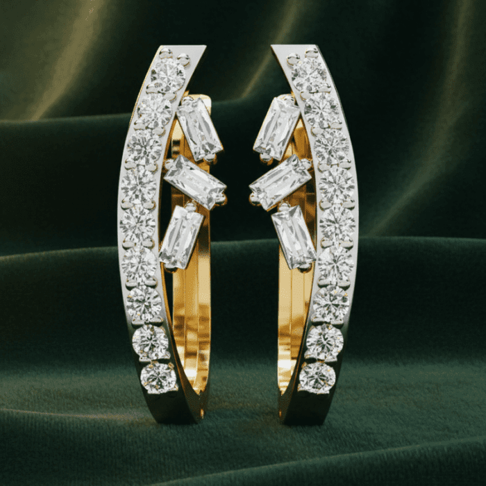 Planet Genesis - Dual Halo Diamond Arc Earrings with round and baguette-cut white diamonds, set in polished metal, on dark green velvet fabric background. - IGI-Certified Lab-Grown Diamonds