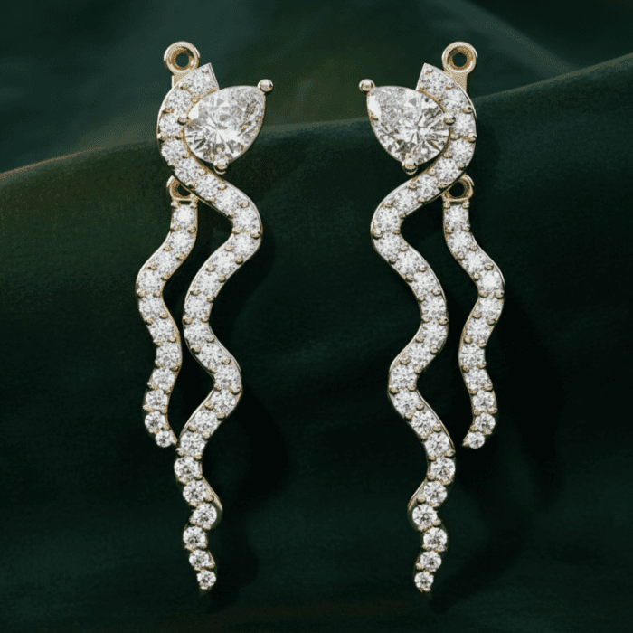 Planet Genesis - Twisting gold and diamond serpent earrings with pear-shaped and small diamonds on dark green background, elegant premium jewelry design. - IGI-Certified Lab-Grown Diamonds