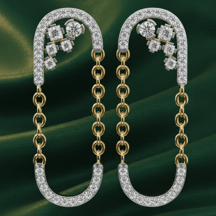 Planet Genesis - Gold chain link Crescent Cascade Diamond Earrings with U-shaped, diamond-encrusted frames and cluster diamonds on dark green satin. - IGI-Certified Lab-Grown Diamonds Planet Genesis - Gold chain link Crescent Cascade Diamond Earrings with U-shaped, diamond-encrusted frames and cluster diamonds on dark green satin. - IGI-Certified Lab-Grown Diamonds