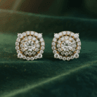Planet Genesis - Diamond cluster earrings with round brilliant centers, double diamond halos, set in white metal on dark green velvet. Premium design. - IGI-Certified Lab-Grown Diamonds