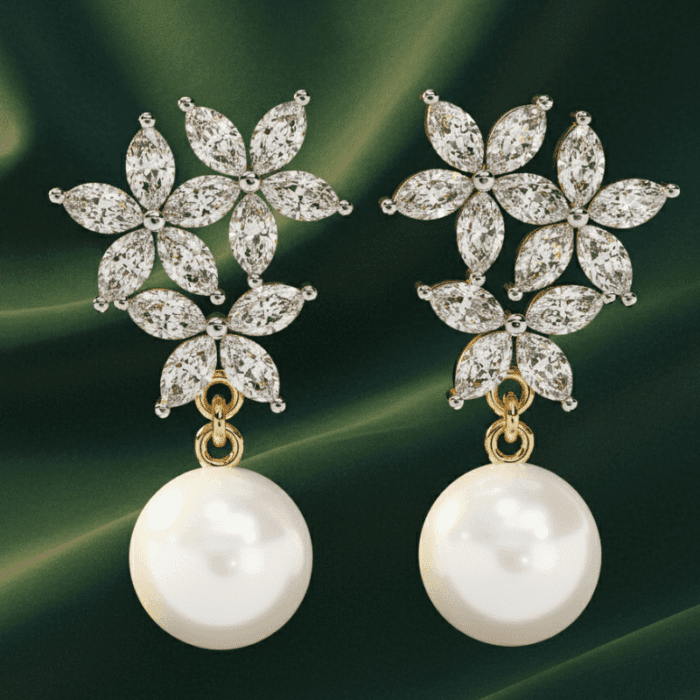 Planet Genesis - Pearl Blossom Diamond Earrings with floral diamond clusters and round pearl drops, set against a deep green satin background. - IGI-Certified Lab-Grown Diamonds
