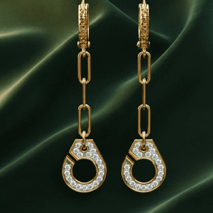 Planet Genesis - Geometric gold drop earrings with circular pendants, white diamonds, and rectangular chain links on dark green satin fabric. - IGI-Certified Lab-Grown Diamonds